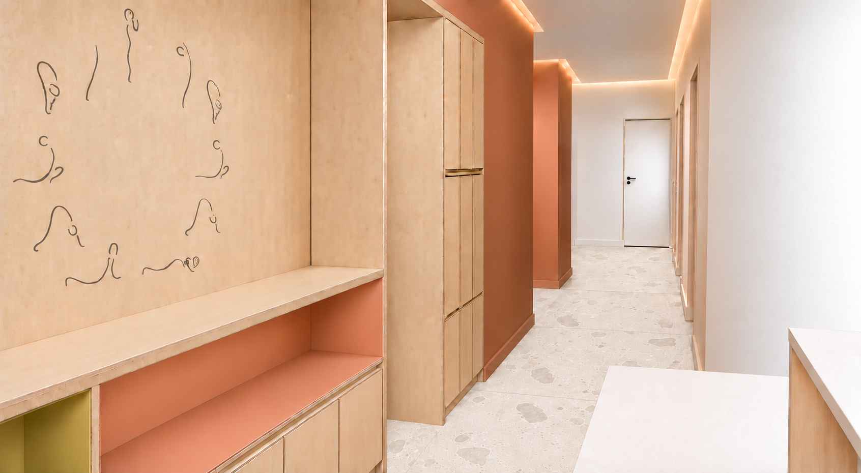 Couloir, rangements et décor graphique du cabinet de kinésithérapie